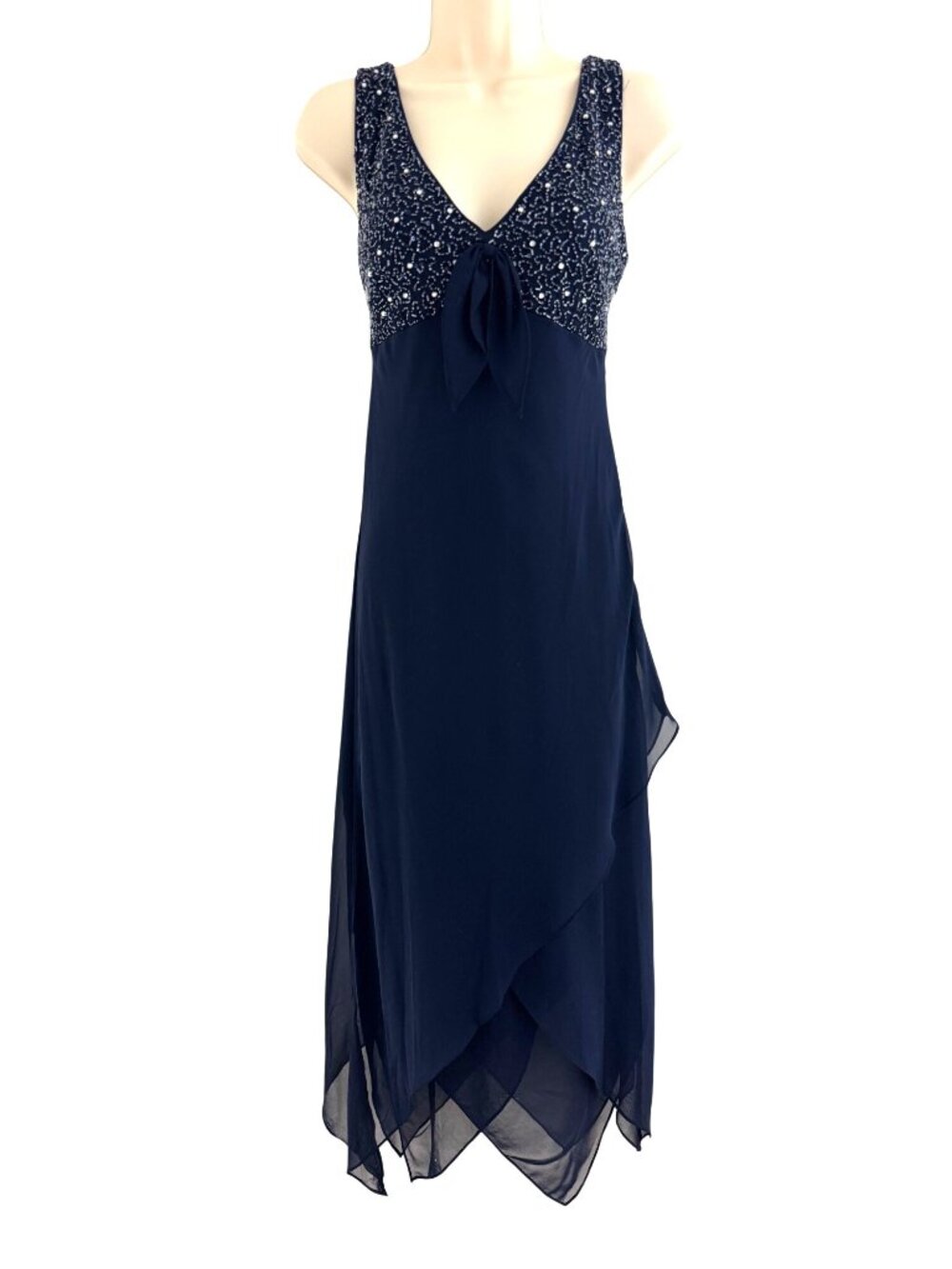 Navy Blue New Beaded Embellished Sleeveless Chiffon Midi Dress Size 6 Wedding